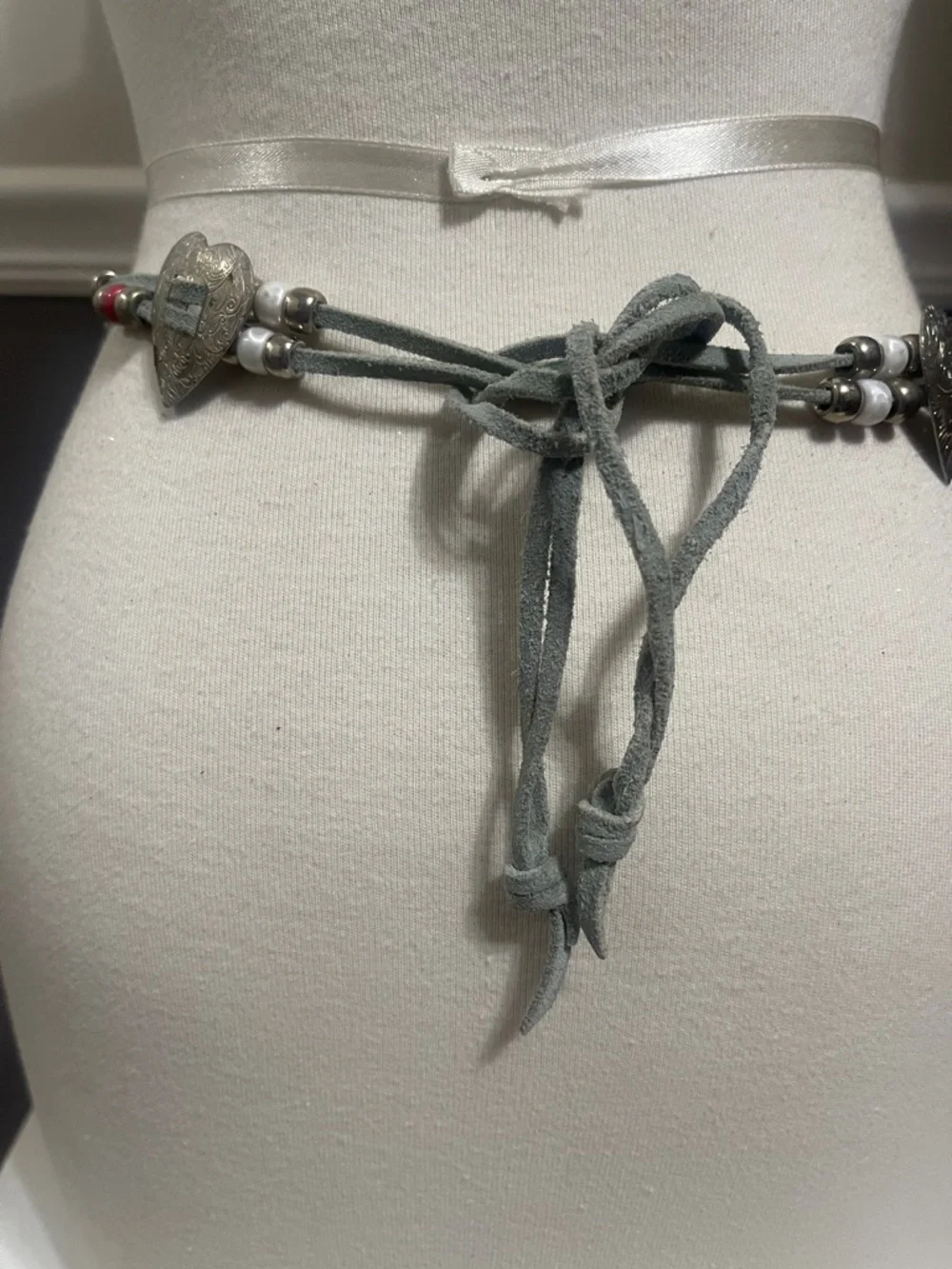 Western Boho Silver Heart & Oval Concho Suede Beaded Waist Chain Belt